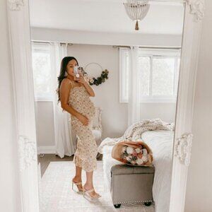 White Floral Chiffon Smocked Fitted Maternity Midi Dress